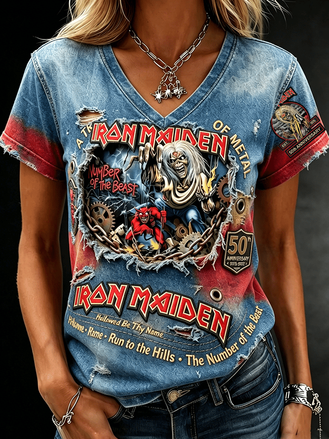 Women's England Heavy Metal Band Short-Sleeve V-Neck Printed T-Shirt
