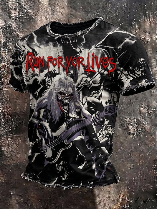 Men's Casual Crew Neck Short-Sleeve T-Shirt with Band Print