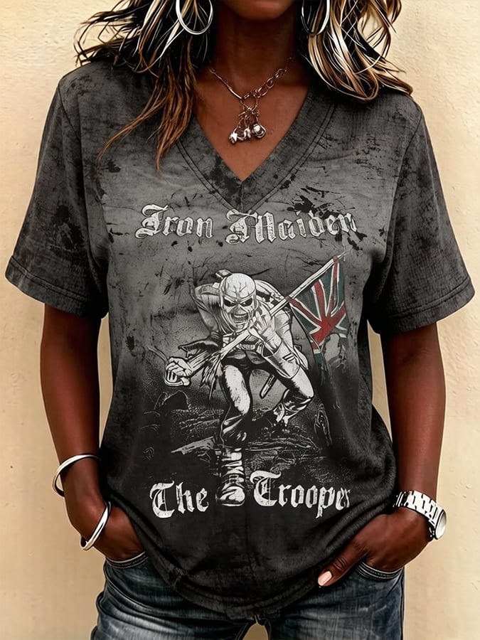 Women's England Heavy Metal Band Short-Sleeve V-Neck Printed T-Shirt