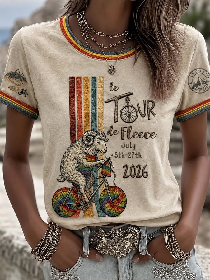 T-shirt décontracté pour femme à col rond et motif Tour de France