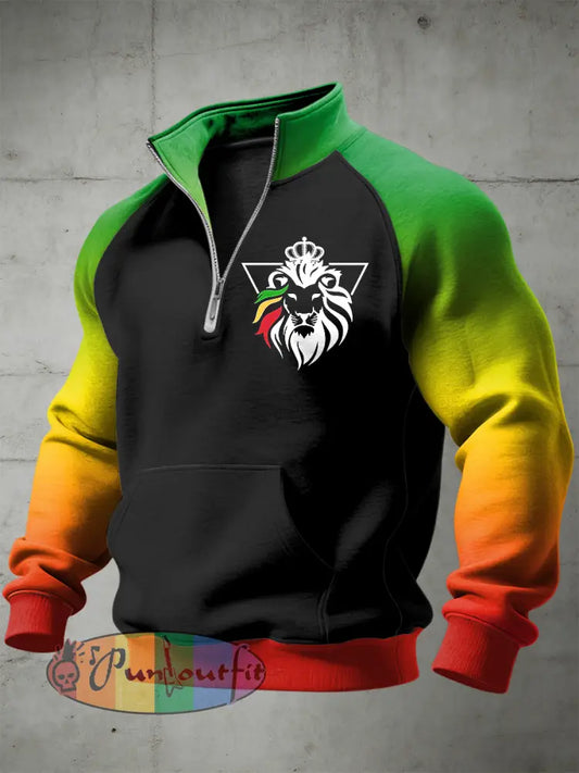 Men's Reggae Printed Half Zip Stand Up Collar With Raglan Sleeves Sweatshirt