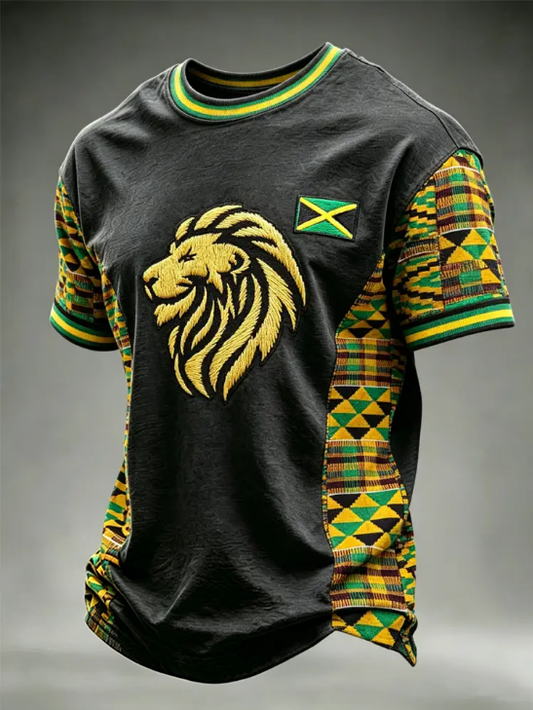 Men's Liion Head Jamaica Flag Africa Kente Patchwork Print short sleeves t-shirt