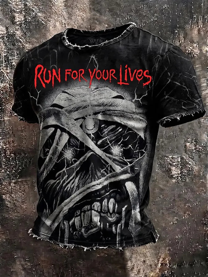 Men's Casual Crew Neck Short-Sleeve T-Shirt with Band Print