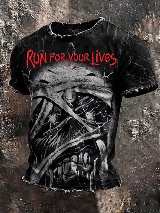 Men's Casual Crew Neck Short-Sleeve T-Shirt with Band Print