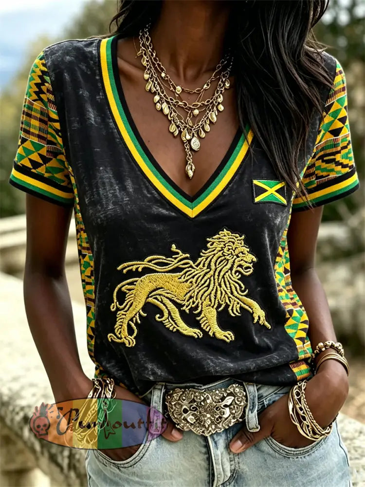 Women's Reggae Lion & Jamaica Flag Kente Colorblock Print short-sleeved T-shirt