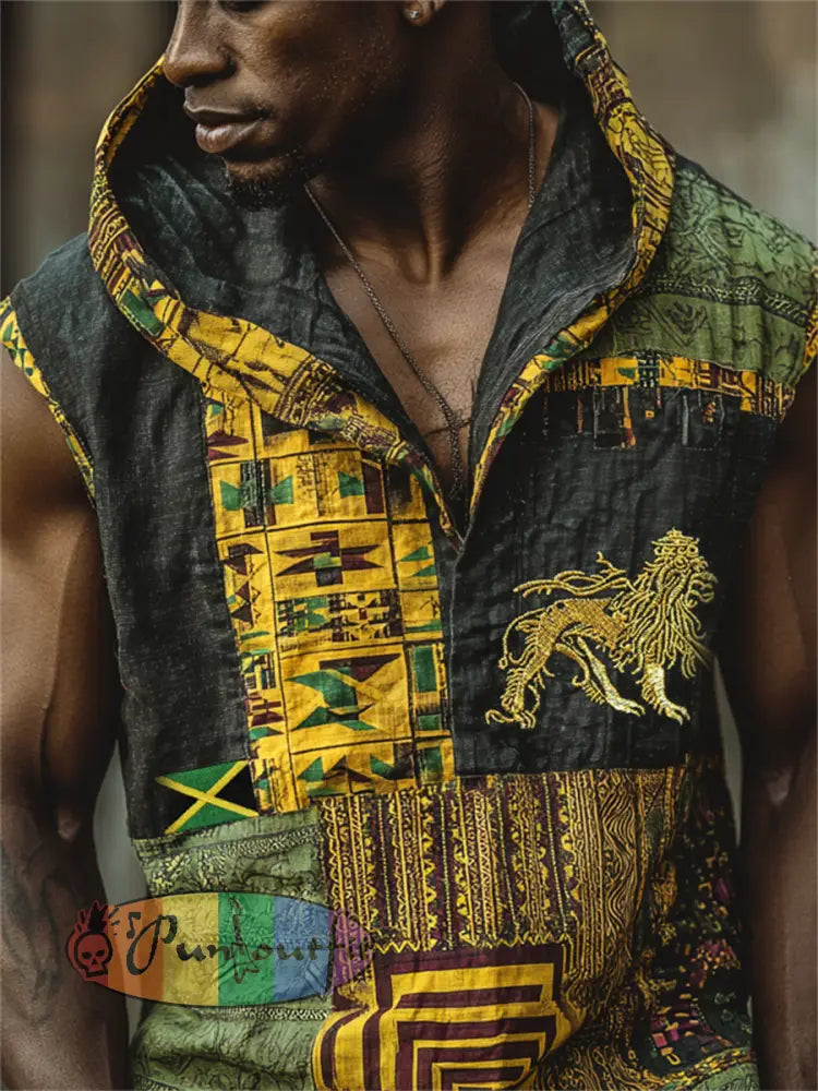 Men's Reggae Lion & Jamaica Flag Africa Kente Patchwork Print Hooded Tank