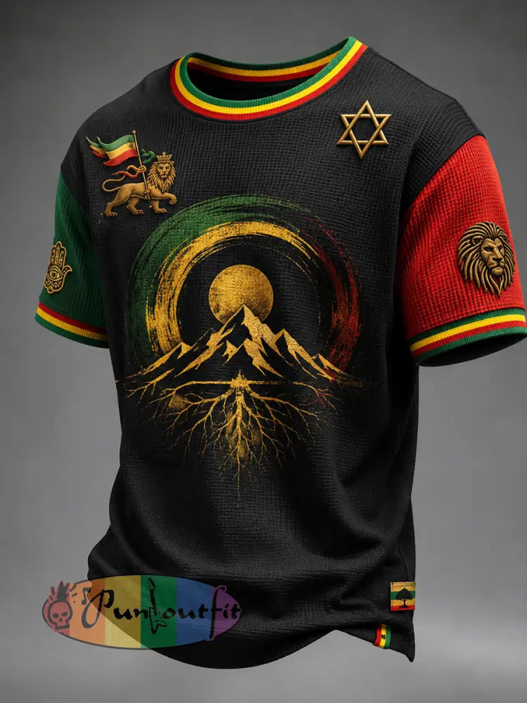 Retro Reggae Patchwork Casual Waffle-Weave T-Shirt