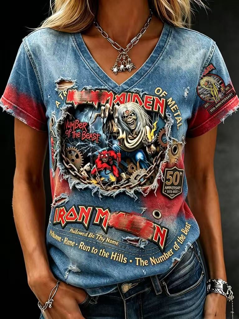Women's England Heavy Metal Band Short-Sleeve V-Neck Printed T-Shirt