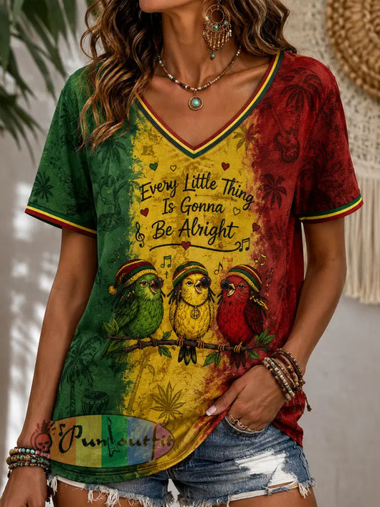 Women's Fun Reggae-Style Colorful Casual V-Neck T-Shirt