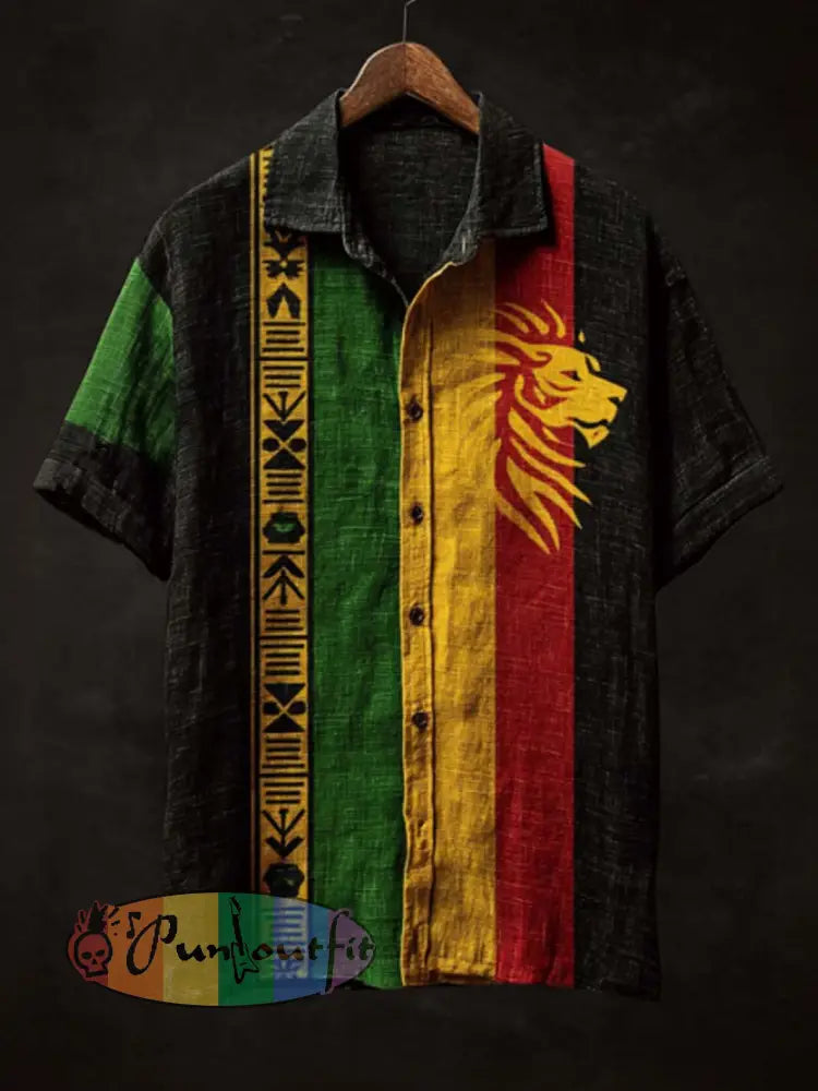 Men's retro reggae color-blocked design casual short-sleeve shirt