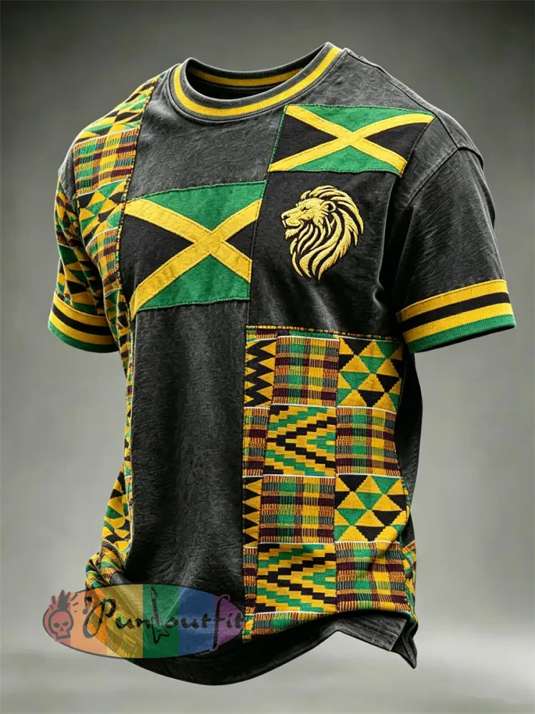 Men's Reggae Lion Jamaica Flag & Kente Pattern Colorblock Print short sleeves t-shirt