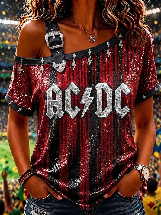 Retro AC/DC Band Sequined Rock Fan One-Shoulder Top