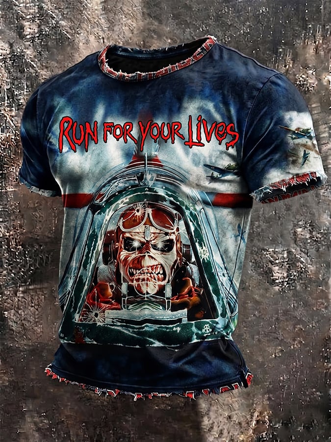 Men's Casual Crew Neck Short-Sleeve T-Shirt with Band Print