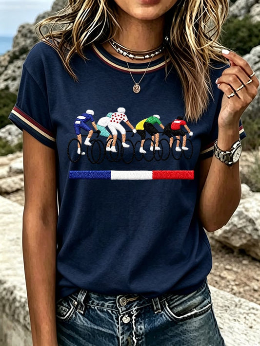 Women's French Bicycle Print Casual T-shirt