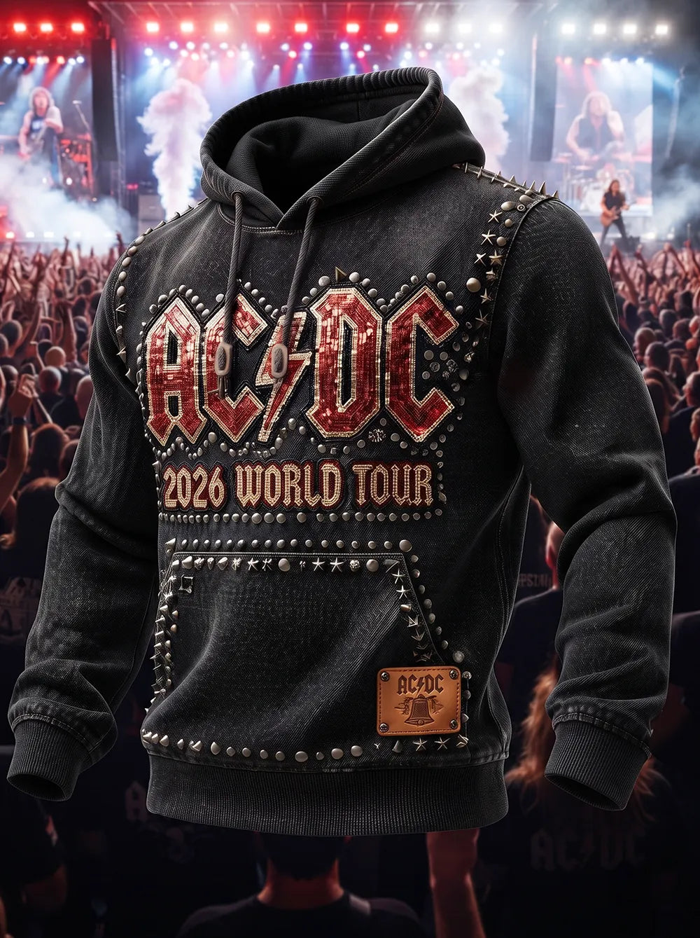 Distressed Fabric With Embellished AC/DC Tour Graphic, Punk Rock Style Hoodie