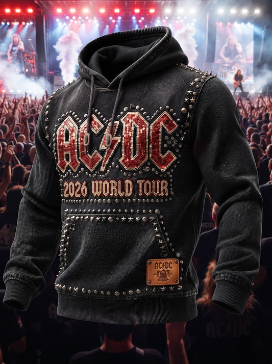 Distressed Fabric With Embellished AC/DC Tour Graphic, Punk Rock Style Hoodie