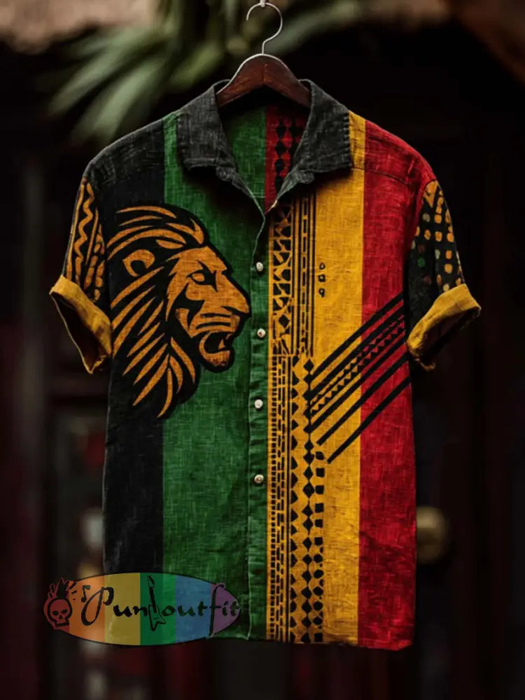 Men's retro reggae color-blocked design casual linen short-sleeve shirt