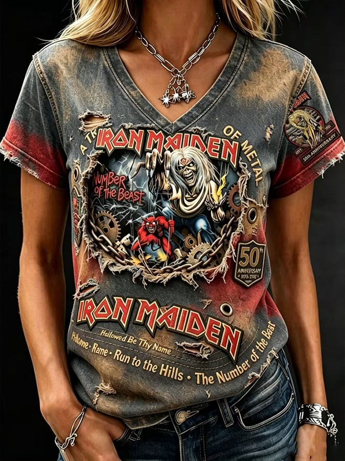 Women's England Heavy Metal Band Short-Sleeve V-Neck Printed T-Shirt