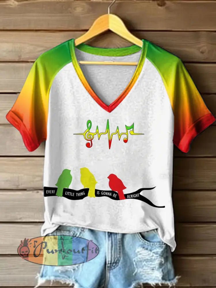Women's Reggae Printed Vintage Fashion V-Neck Loose Short Sleeve T-Shirt