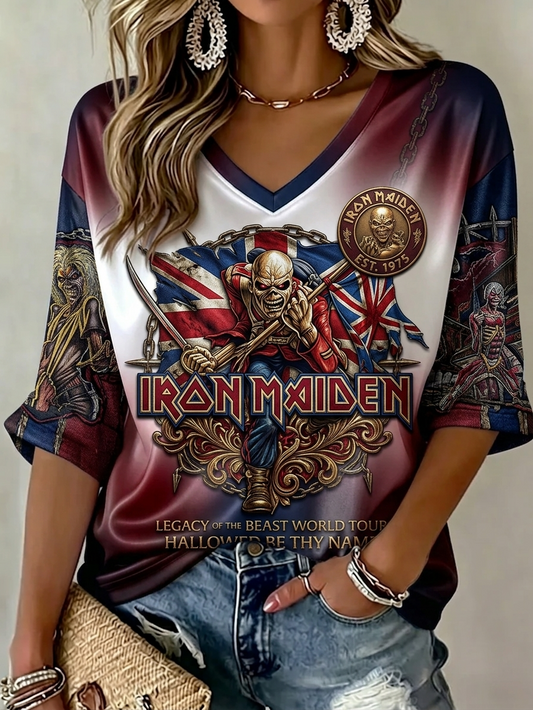 Women's Vintage Iron Maiden Rock V-Neck Top