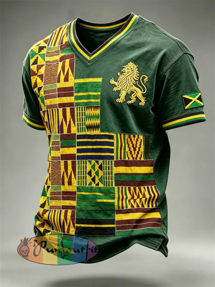 Men's Reggae Lion Jamaica Flag Africa Kente Patchwork Print V-neck T-shirt