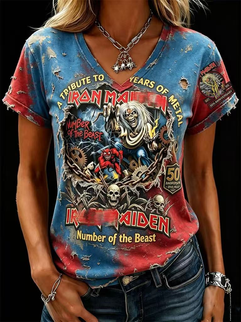 Women's England Heavy Metal Band Short-Sleeve V-Neck Printed T-Shirt