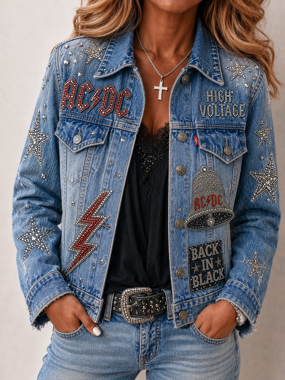 Women's Distressed Denim Jacket With AC/DC Rock Band Graphic Print – 100% Cotton