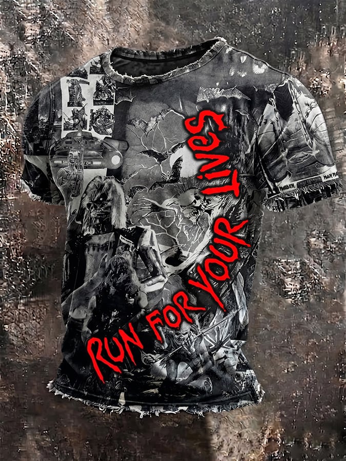 Men's Casual Crew Neck Short-Sleeve T-Shirt with Band Print