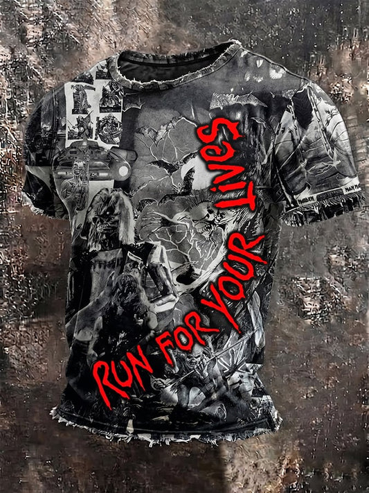 Men's Casual Crew Neck Short-Sleeve T-Shirt with Band Print