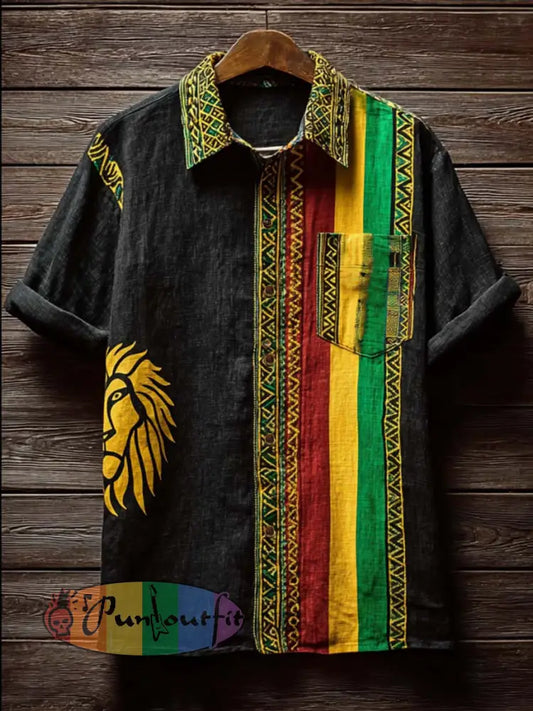 Men's retro reggae color-blocked design casual linen short-sleeve shirt