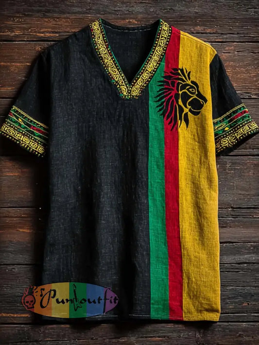 Men's Retro Reggae Color-blocked Design Casual Short Sleeve T-shirt