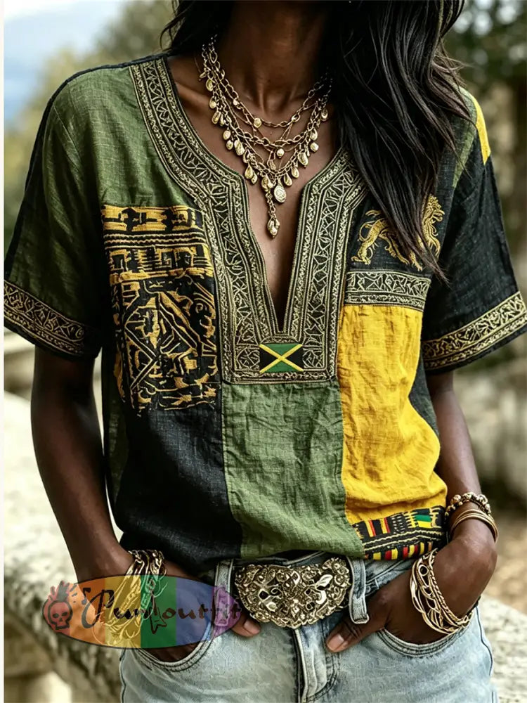 Women's Reggae Lion Jamaica Flag Africa Ethnic Kente Colorblock Print Cotton-Linen Shirt