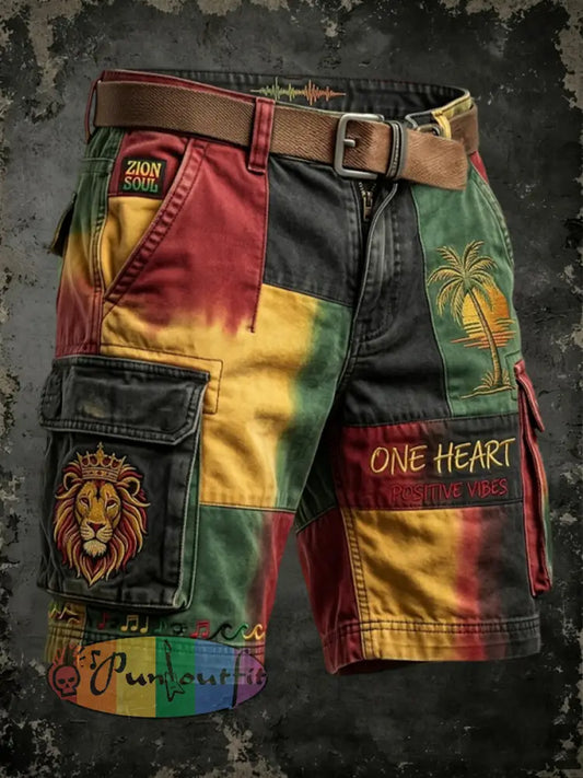 Retro Reggae-Inspired Geometric Patchwork Casual Work Shorts