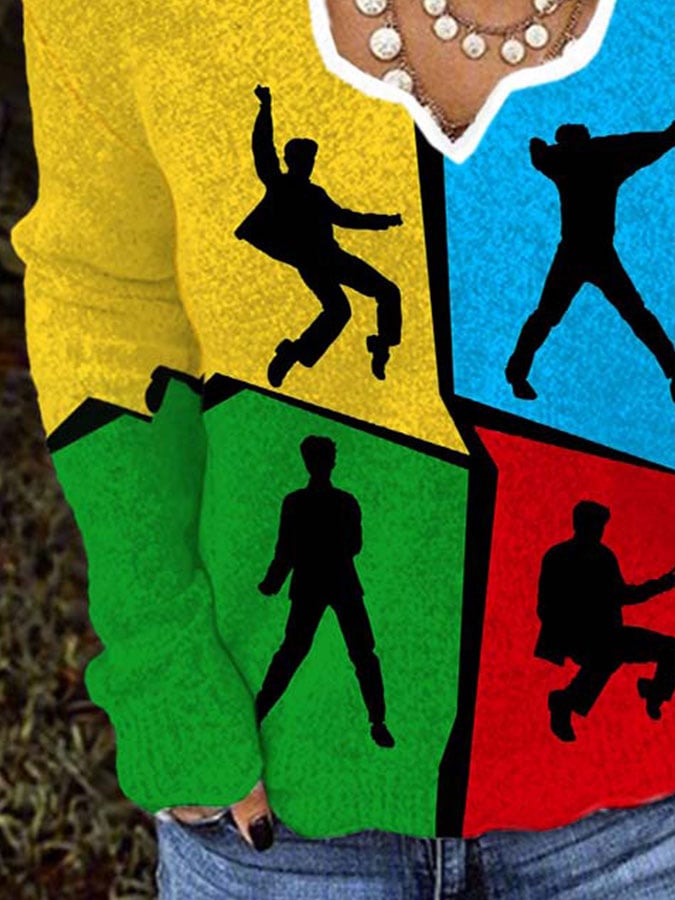 King Of Rock Roll Color Block Print Knit Tops