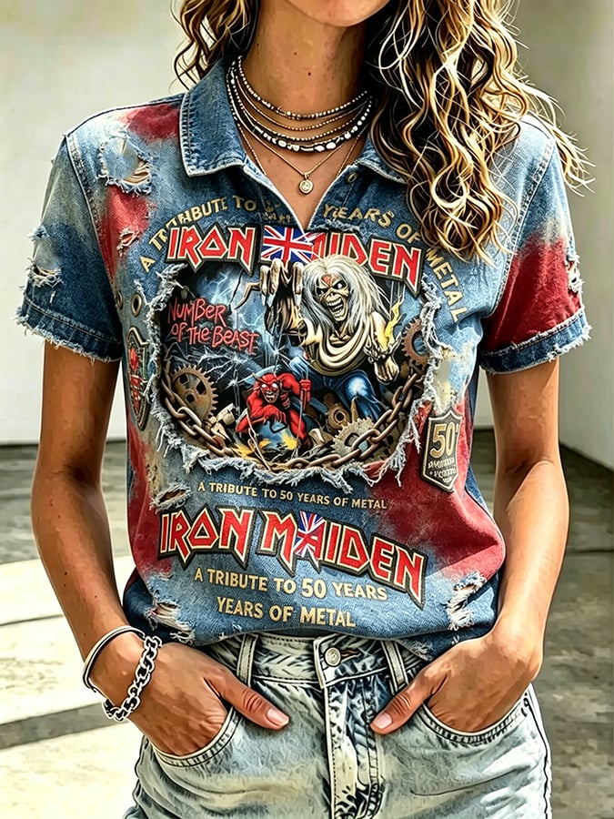 Women's England Heavy Metal Band Tour Print Casual T-Shirt