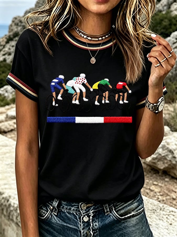 Women's French Bicycle Print Casual T-shirt