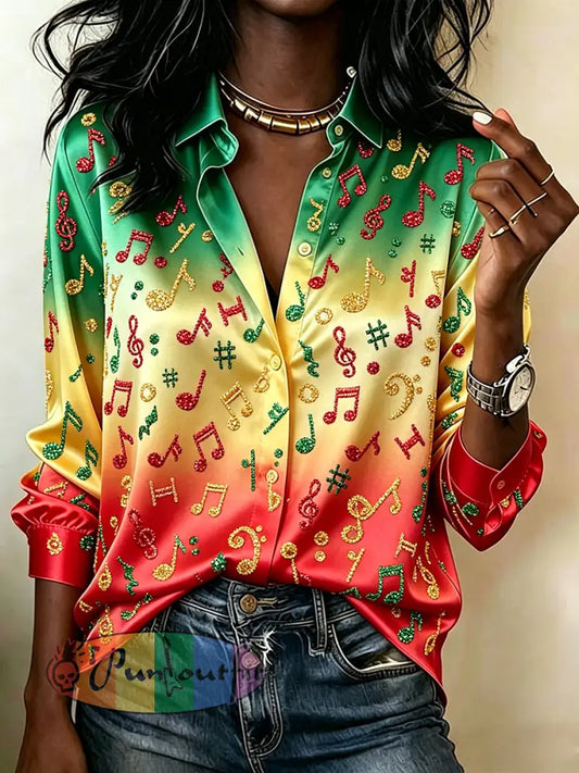 Women's Musical Notes Glitter Art Print Rasta Color Satin Shirt