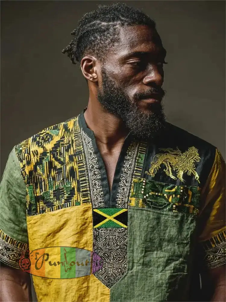 Men's Reggae Lion Jamaica Flag African Kente Colorblock Print Short Sleeve Shirt