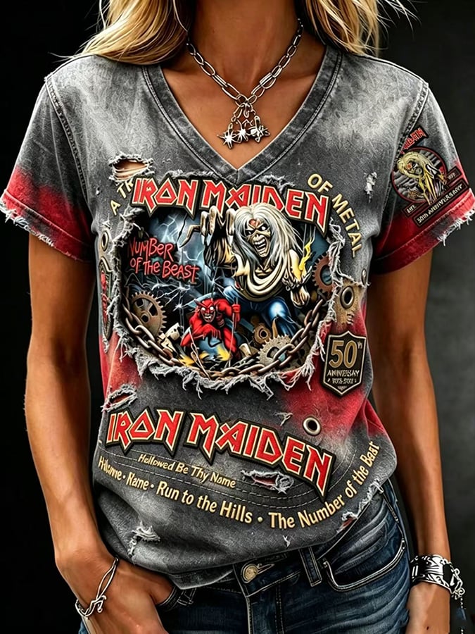 Women's England Heavy Metal Band Short-Sleeve V-Neck Printed T-Shirt
