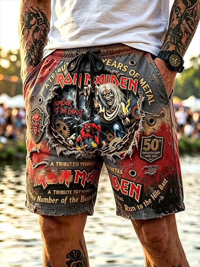 Men's England Heavy Metal Band Tour Print Casual Shorts