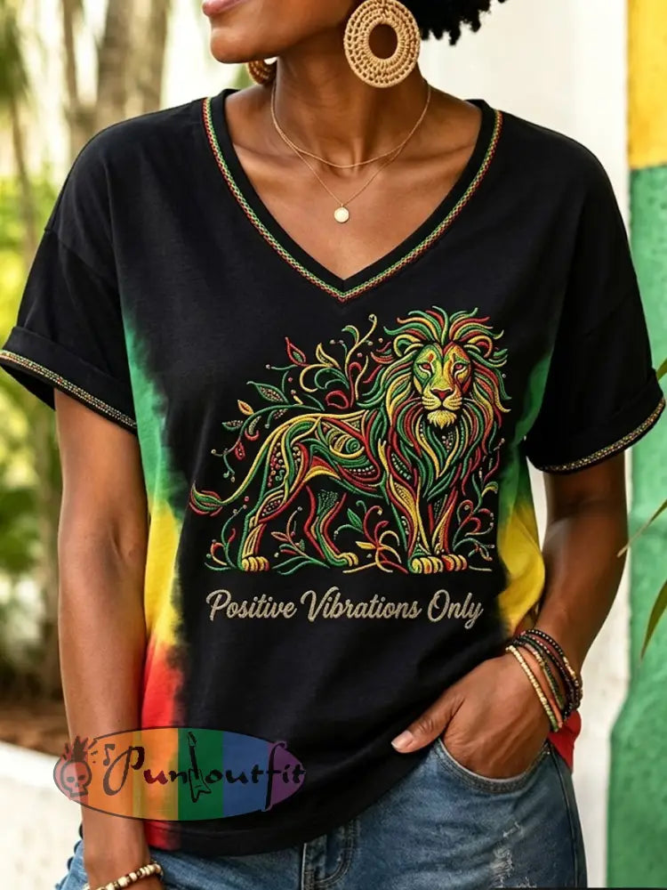 Women's Retro Reggae-Inspired Artistic Casual V-Neck T-Shirt