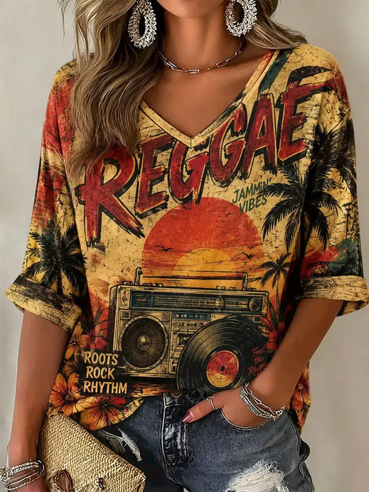 Women's Mid-length Sleeves V-Neck T-Shirt