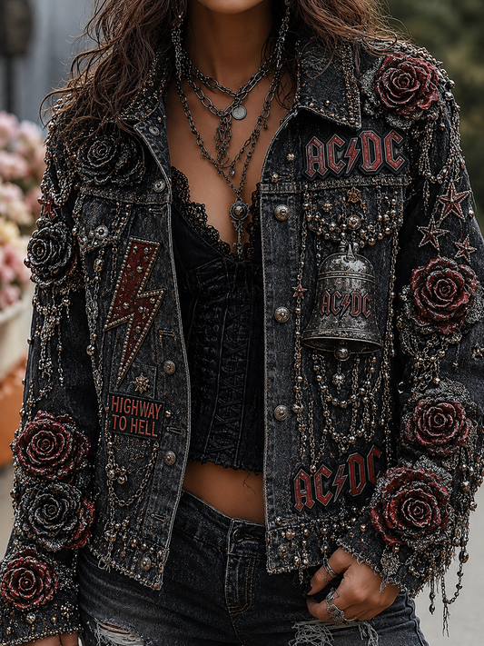 Women's Distressed Denim Jacket With AC/DC Rock Band Graphic Print – 100% Cotton