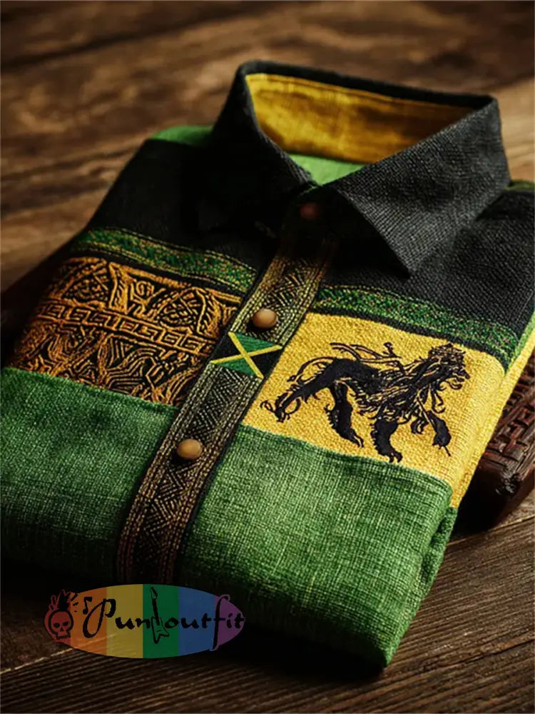 Men's Black Pride Lion Jamaica Flag African Kente Print Short Sleeve Shirt