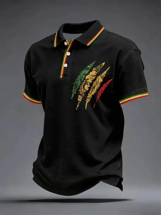 Men's Reggae Lion Embroidery Pattern Polo Shirt