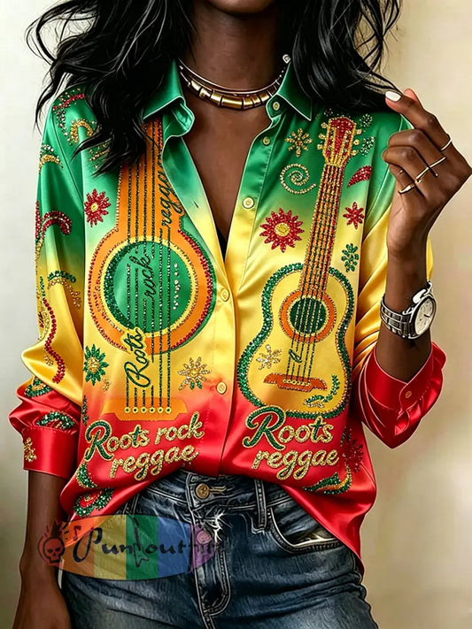 Women's Roots Rock Reggae Rasta Color Satin Shirt