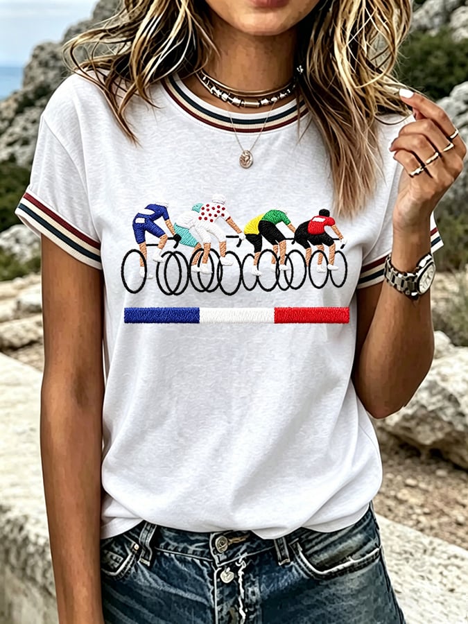Women's French Bicycle Print Casual T-shirt