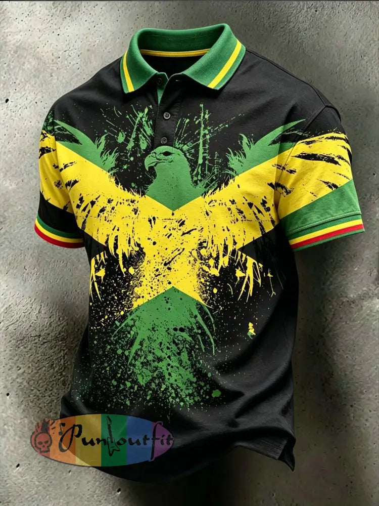 Men's retro reggae color-blocked design casual polo shirt